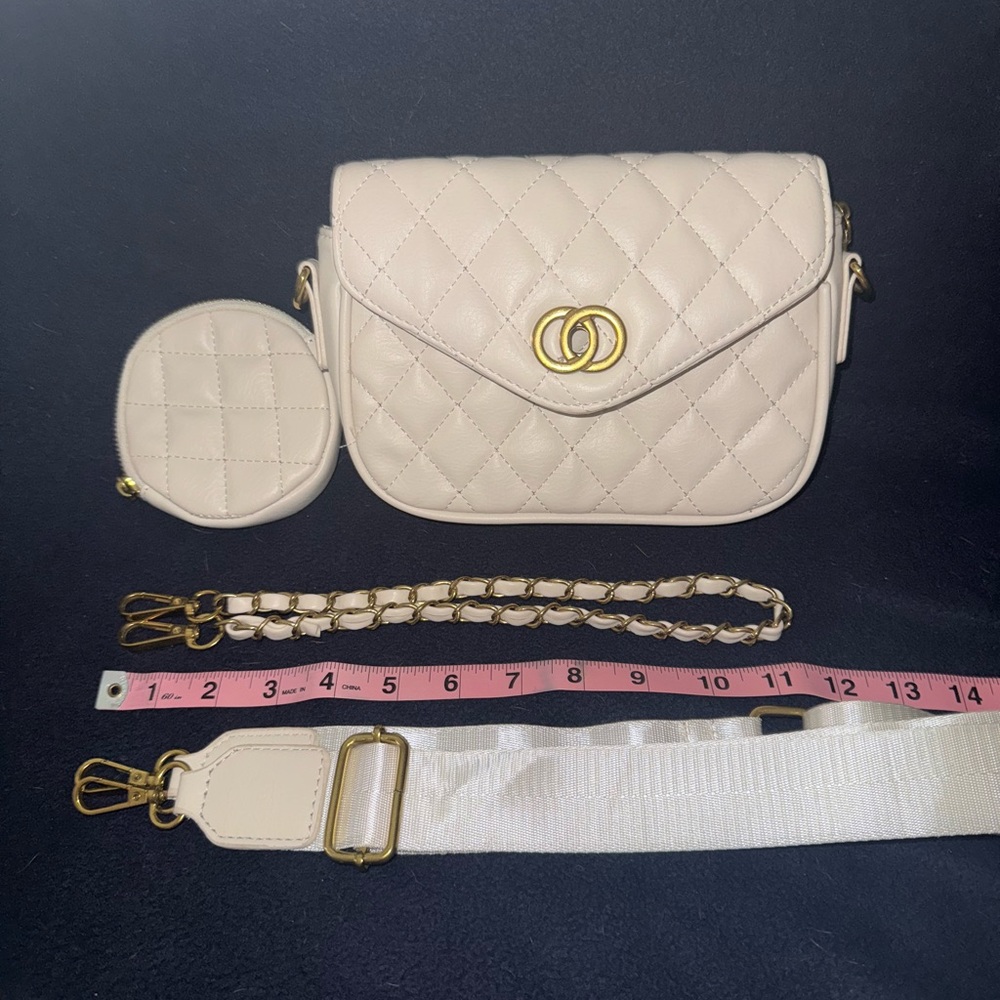 Cream and Gold Quilted Crossbody Bag with Interchangeable Straps